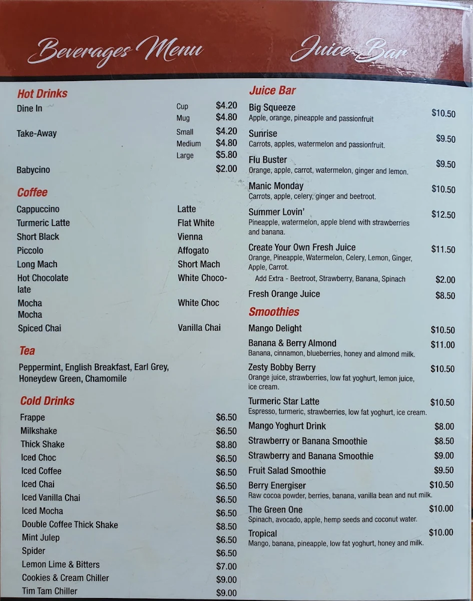 Menu, Kaffeine bar