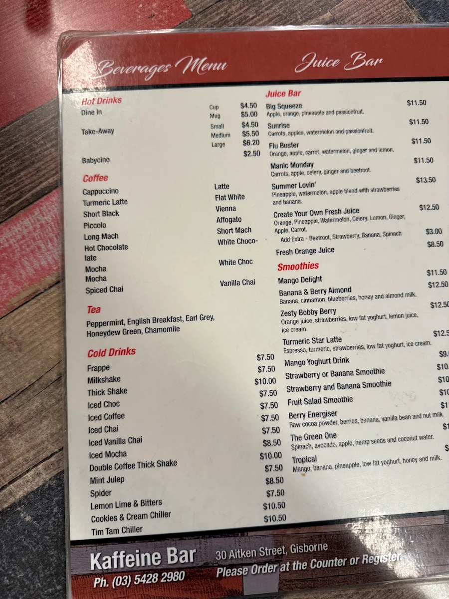 Menu, Kaffeine bar