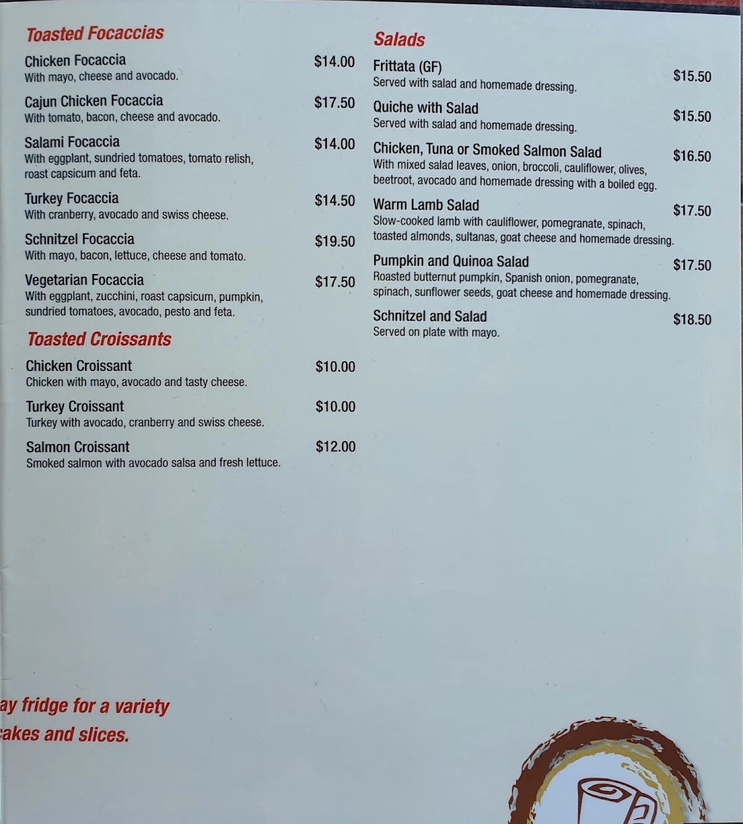 Menu, Kaffeine bar