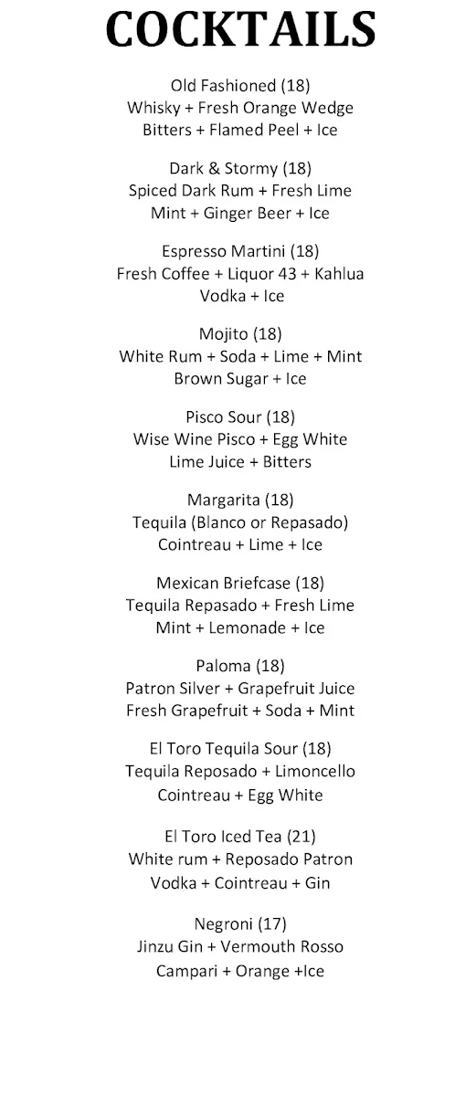 Menu, El Toro Margaret River