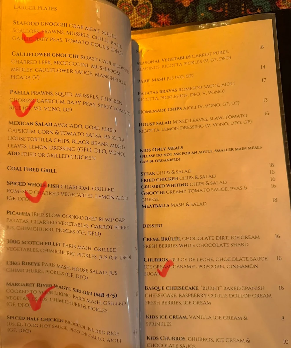 Menu, El Toro Margaret River