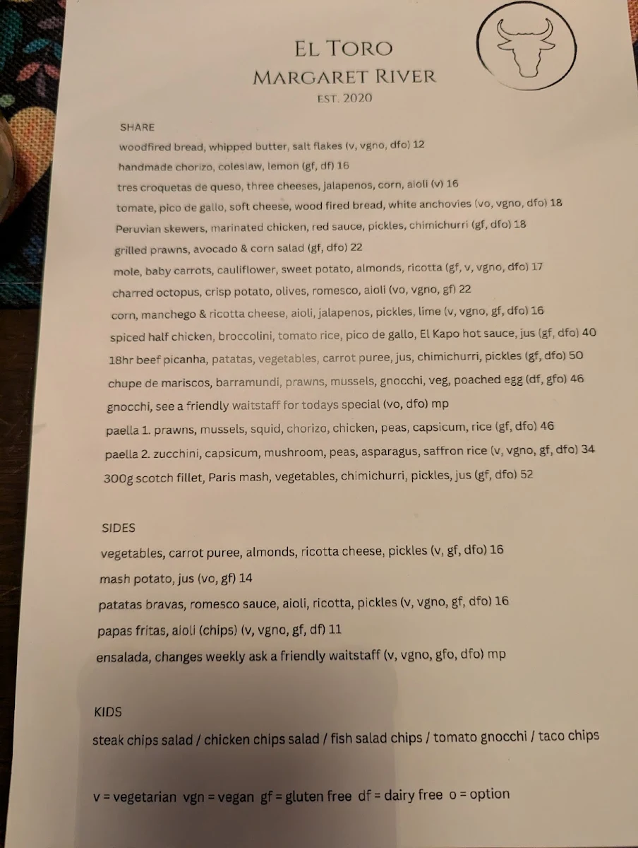 Menu, El Toro Margaret River