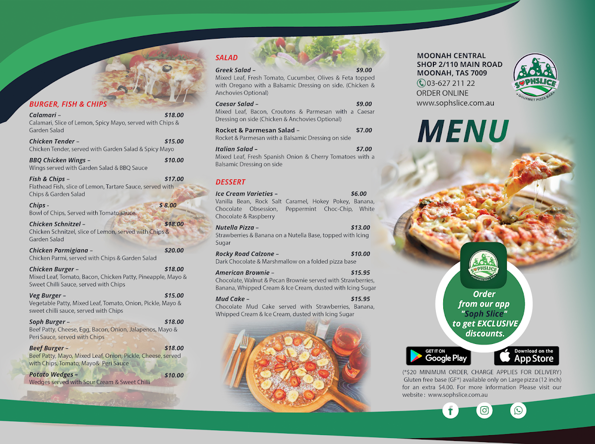 Menu, Soph Slice Gourmet Pizza Bar