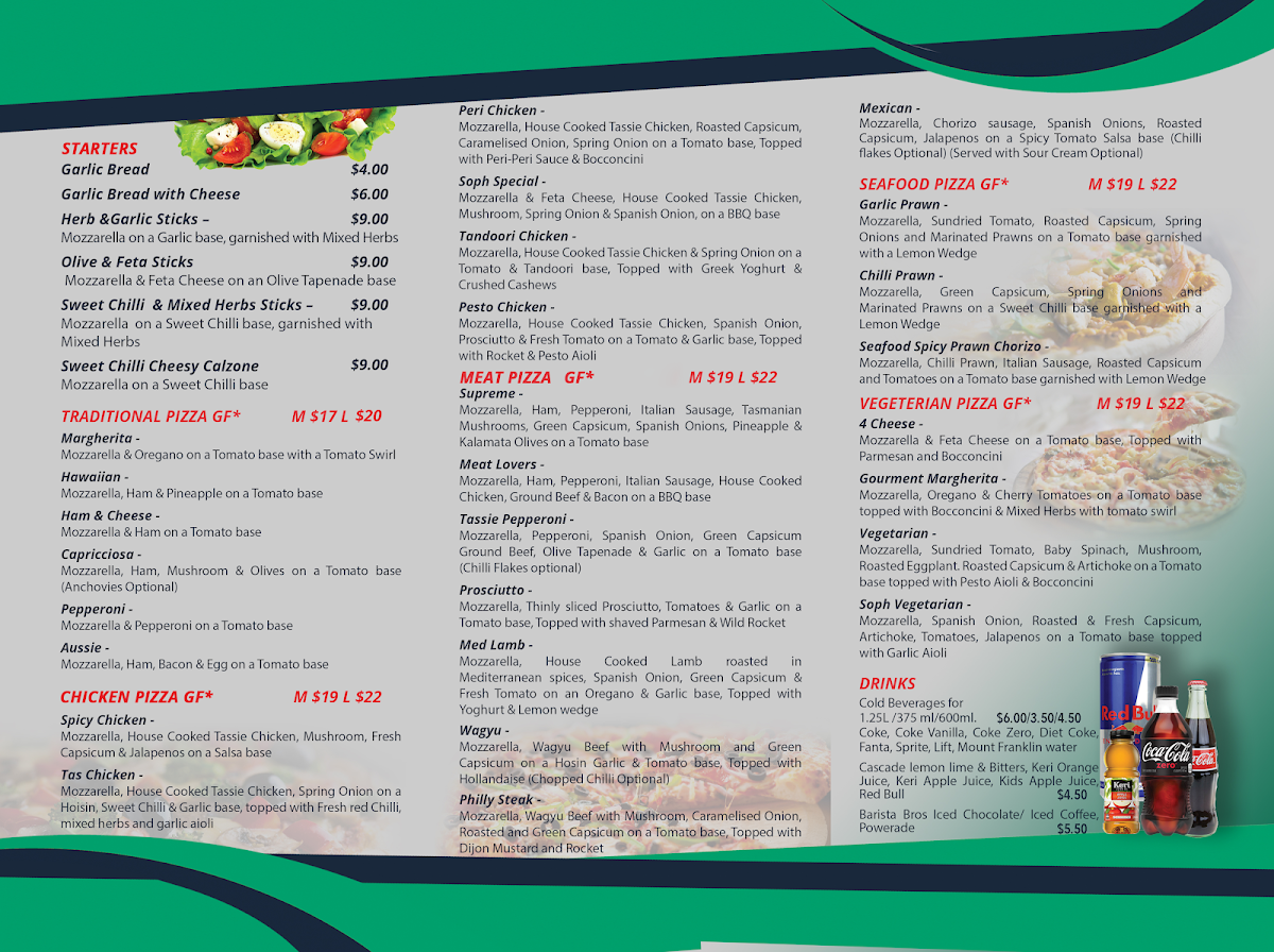 Menu, Soph Slice Gourmet Pizza Bar