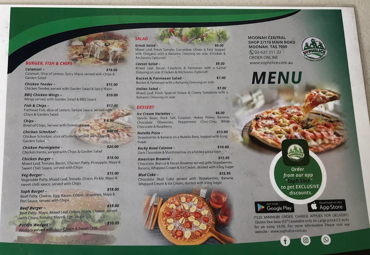 Menu, Soph Slice Gourmet Pizza Bar