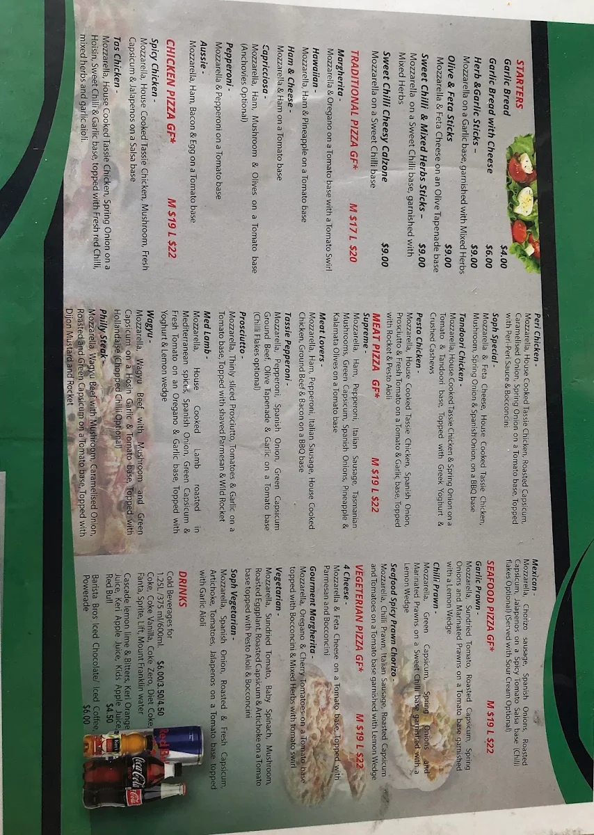 Menu, Soph Slice Gourmet Pizza Bar