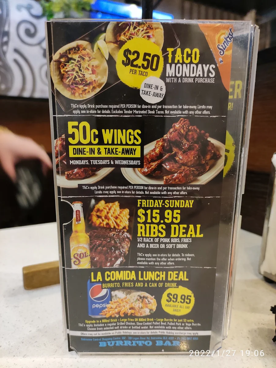 Menu, Burrito Bar Holmview