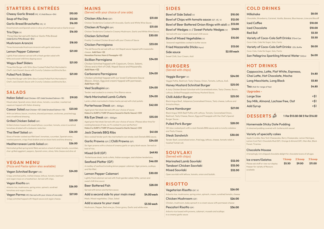Menu, Crave Restaurant