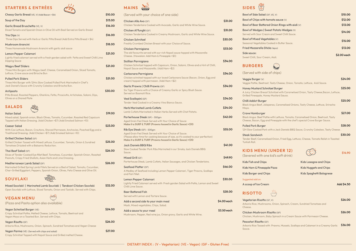 Menu, Crave Restaurant