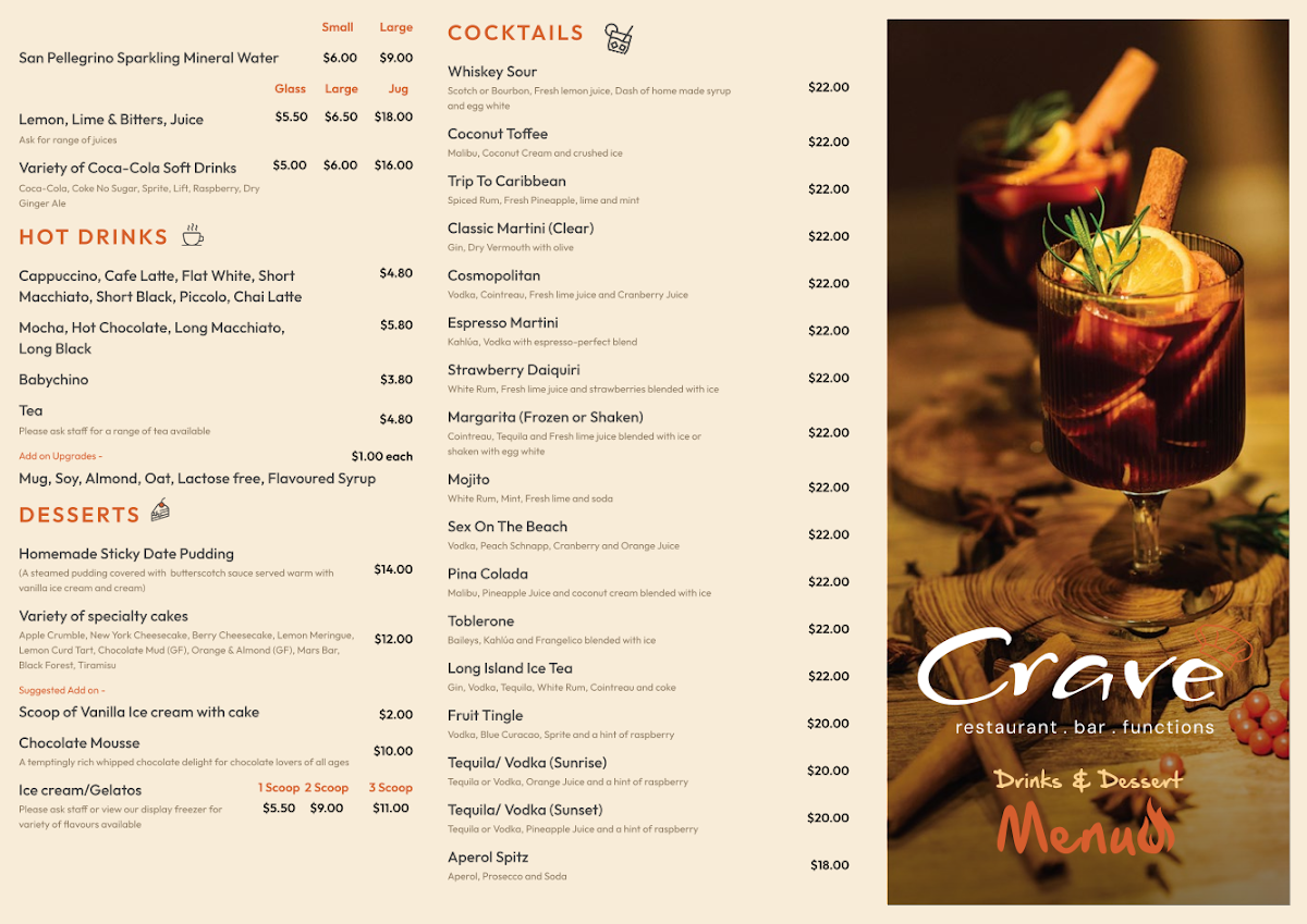 Menu, Crave Restaurant