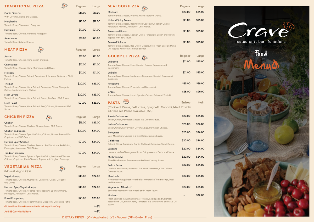 Menu, Crave Restaurant