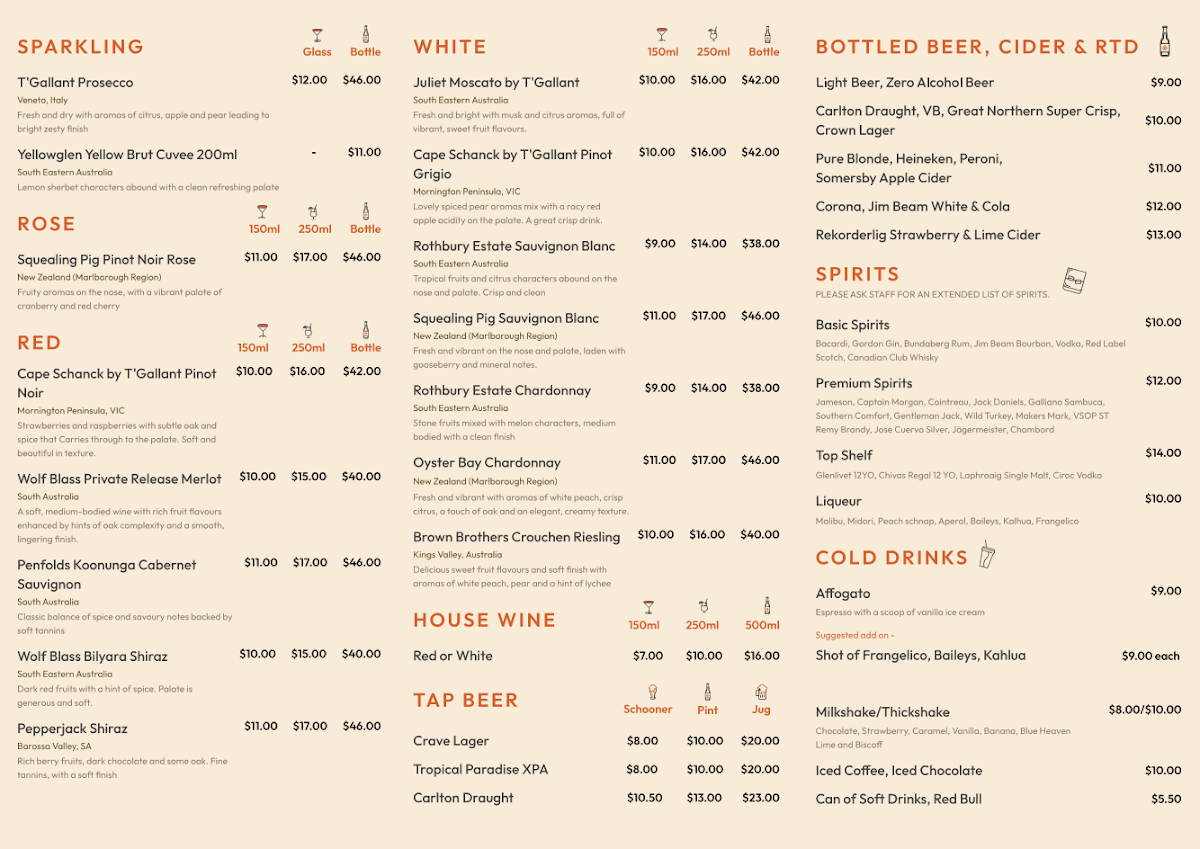 Menu, Crave Restaurant