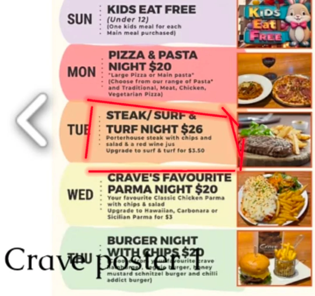 Menu, Crave Restaurant