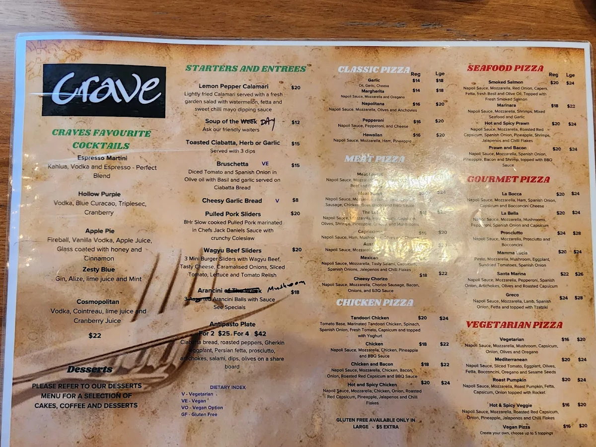 Menu, Crave Restaurant