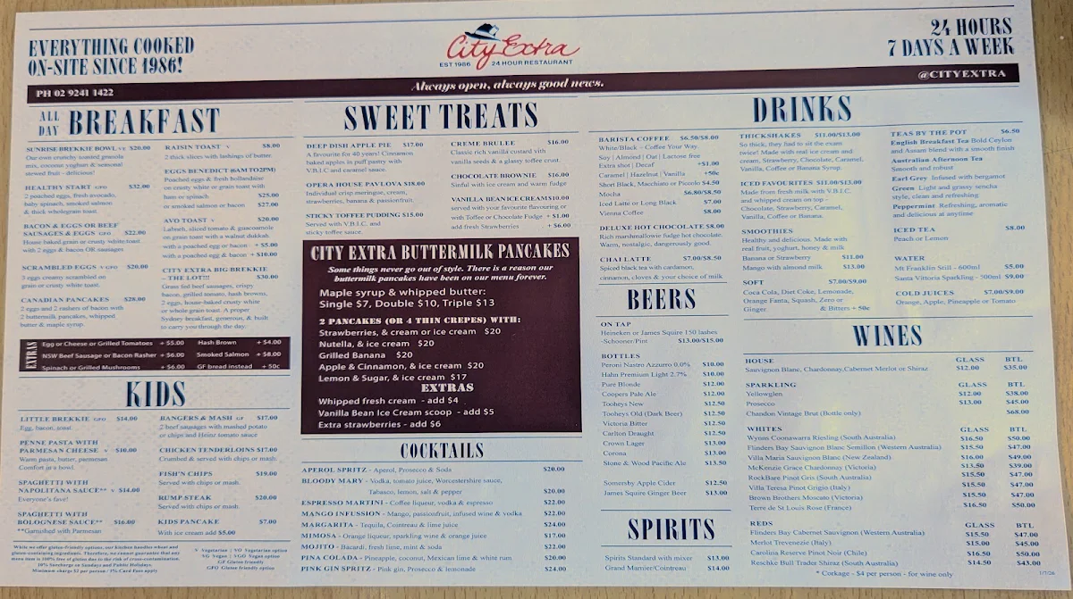 Menu, City Extra 24 Hour Restaurant