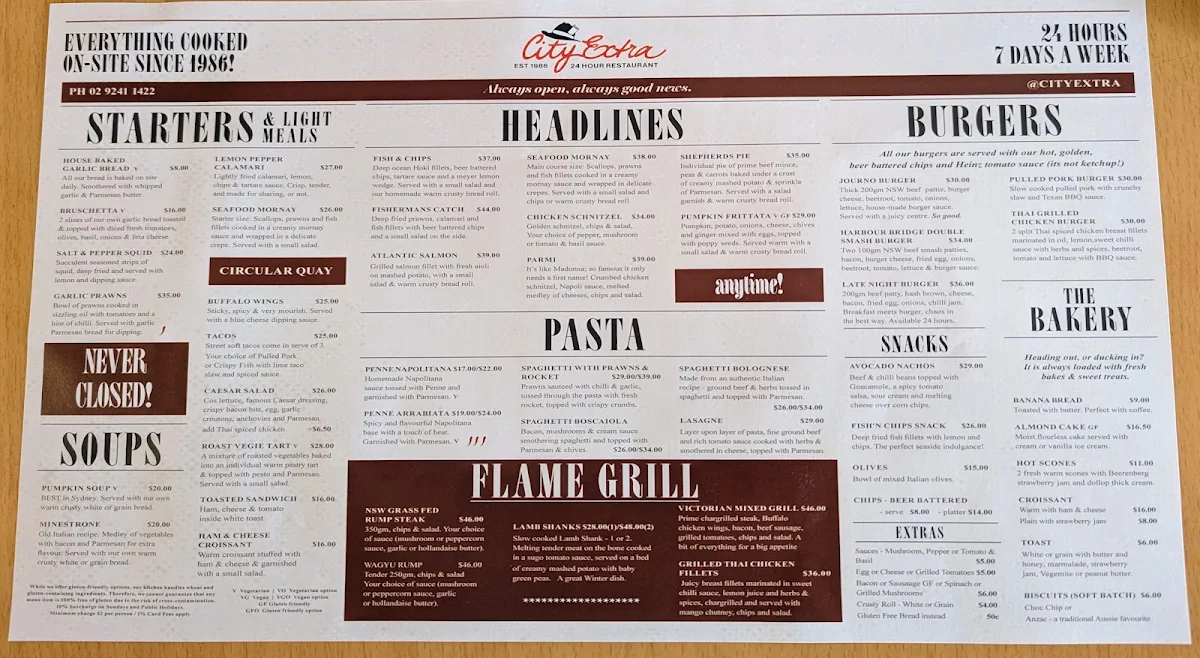 Menu, City Extra 24 Hour Restaurant