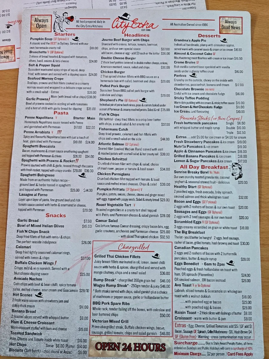 Menu, City Extra 24 Hour Restaurant