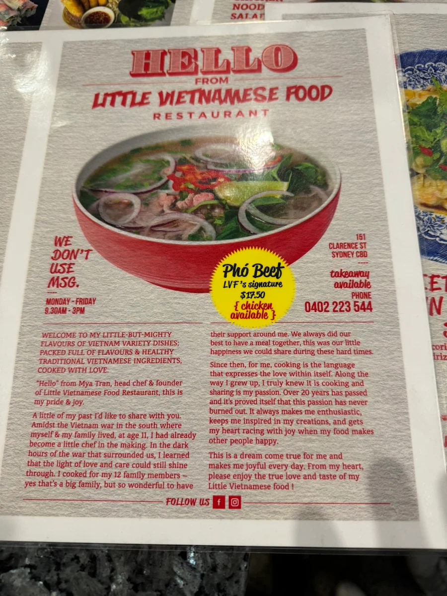 Menu, Little Vietnamese Food