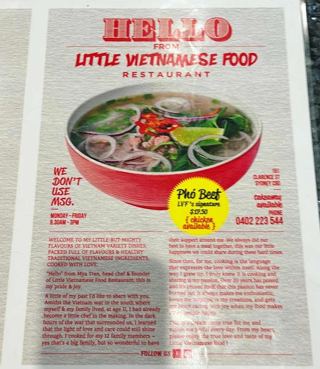 Menu, Little Vietnamese Food