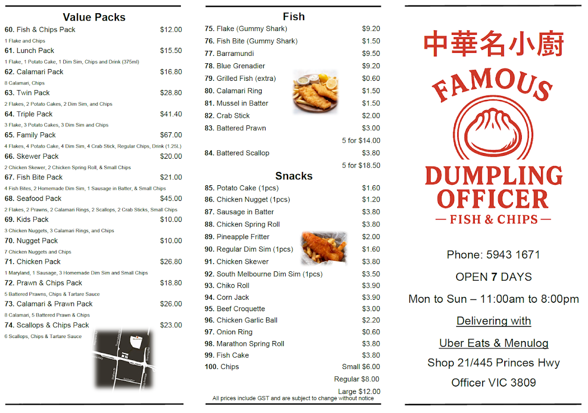 Menu, Famous Dumpling Officer Fish and Chips