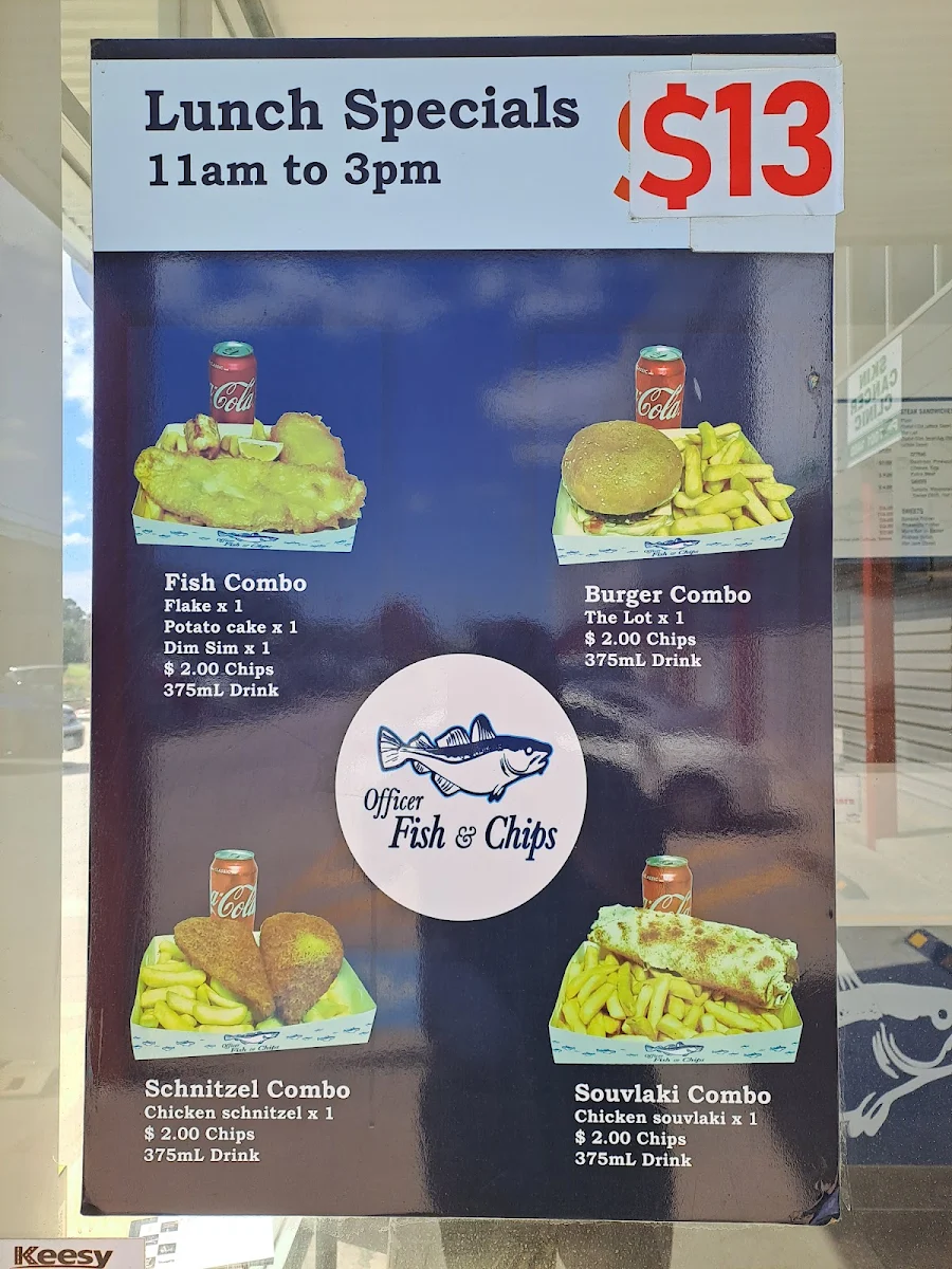 Menu, Famous Dumpling Officer Fish and Chips