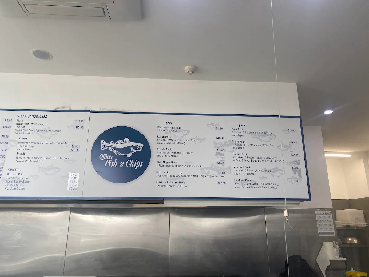 Menu, Famous Dumpling Officer Fish and Chips