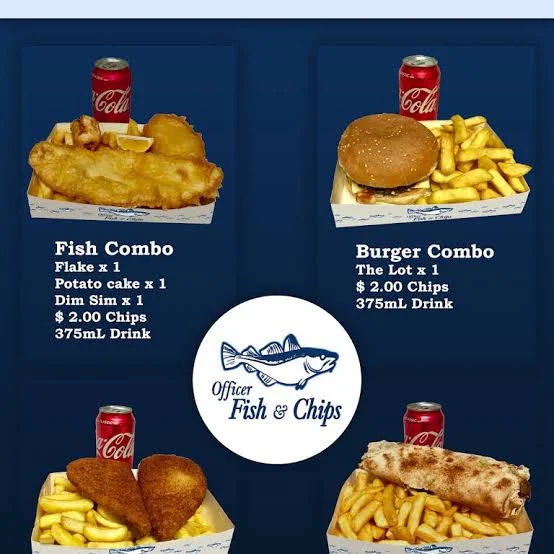 Menu, Famous Dumpling Officer Fish and Chips