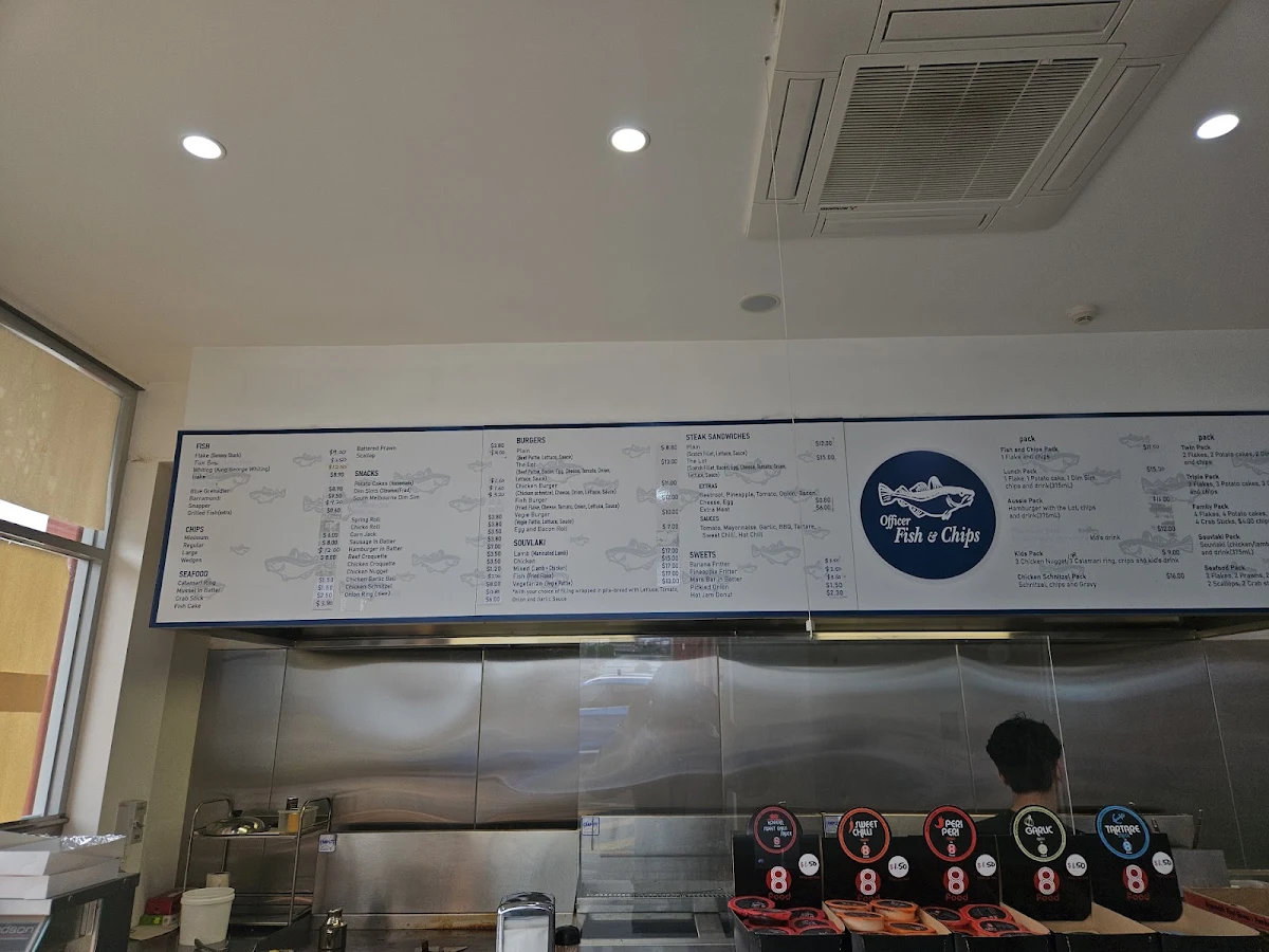 Menu, Famous Dumpling Officer Fish and Chips