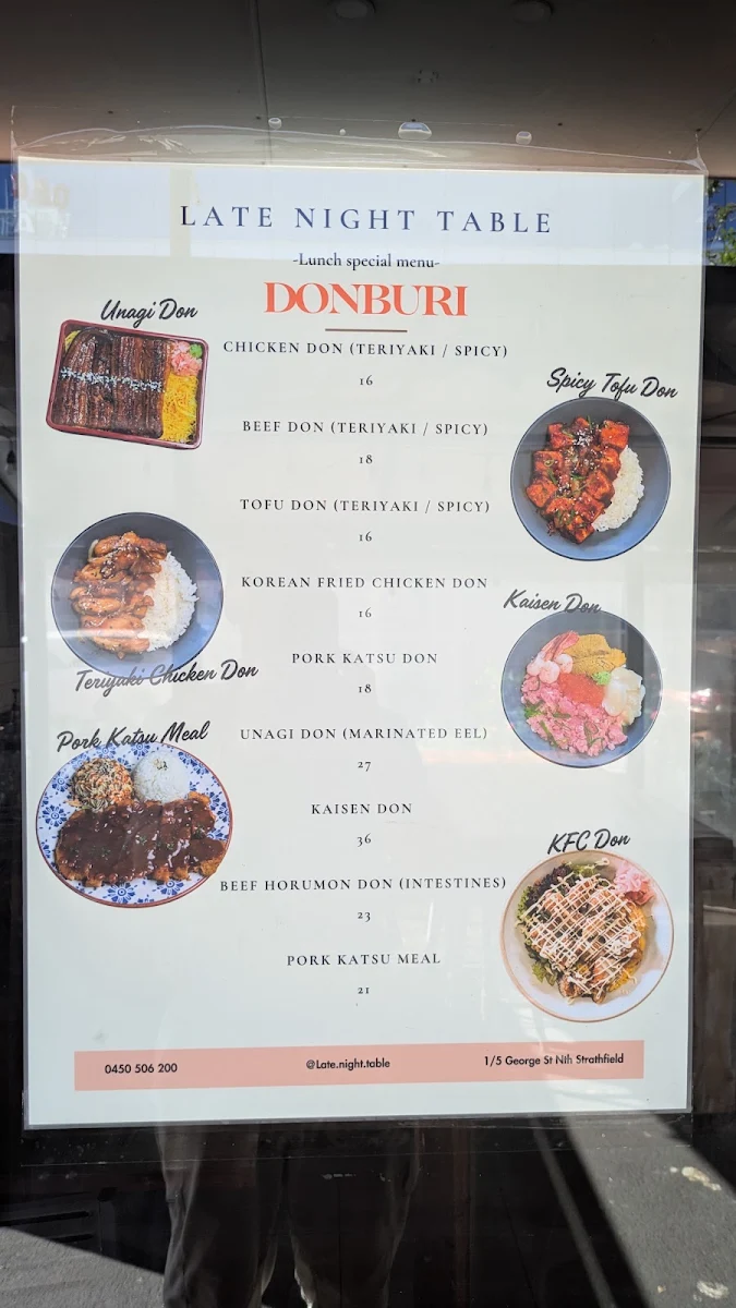 Menu, Late Night Table North Strathfield