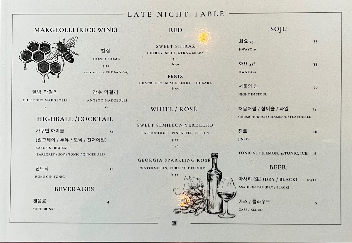 Menu, Late Night Table North Strathfield