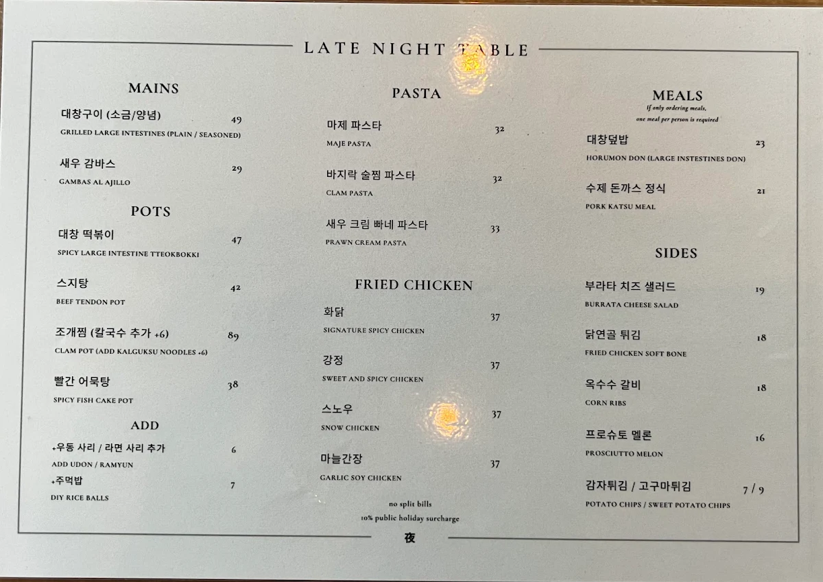 Menu, Late Night Table North Strathfield