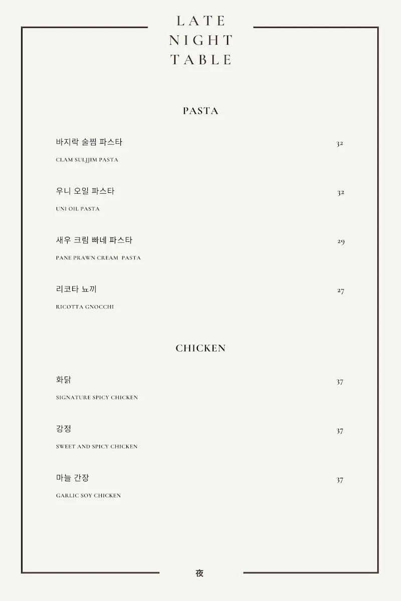Menu, Late Night Table North Strathfield