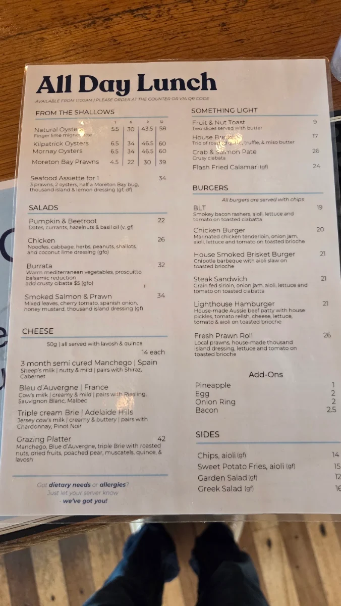 Menu, Lighthouse cafe
