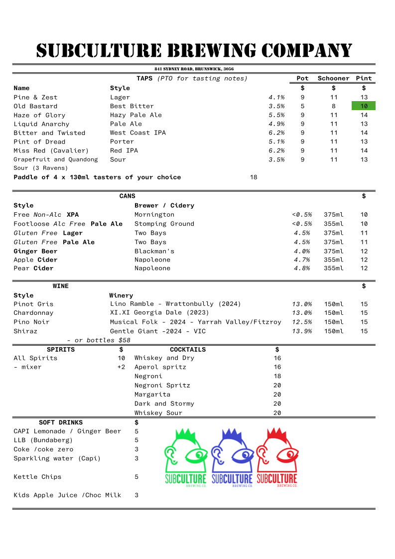 Menu, Subculture Brewing