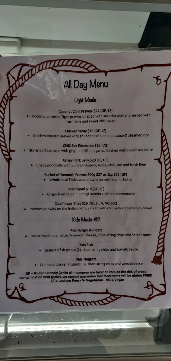 Menu, The Shack Exmouth