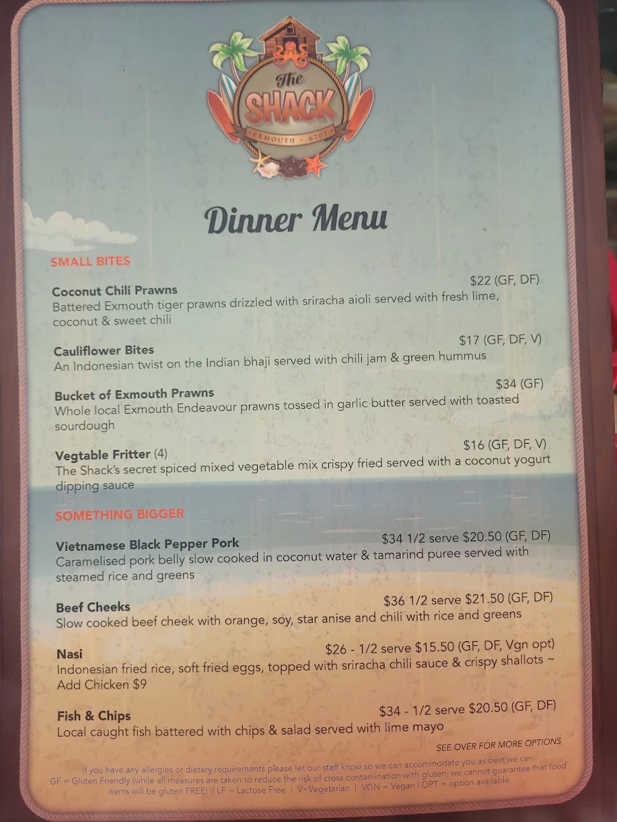 Menu, The Shack Exmouth