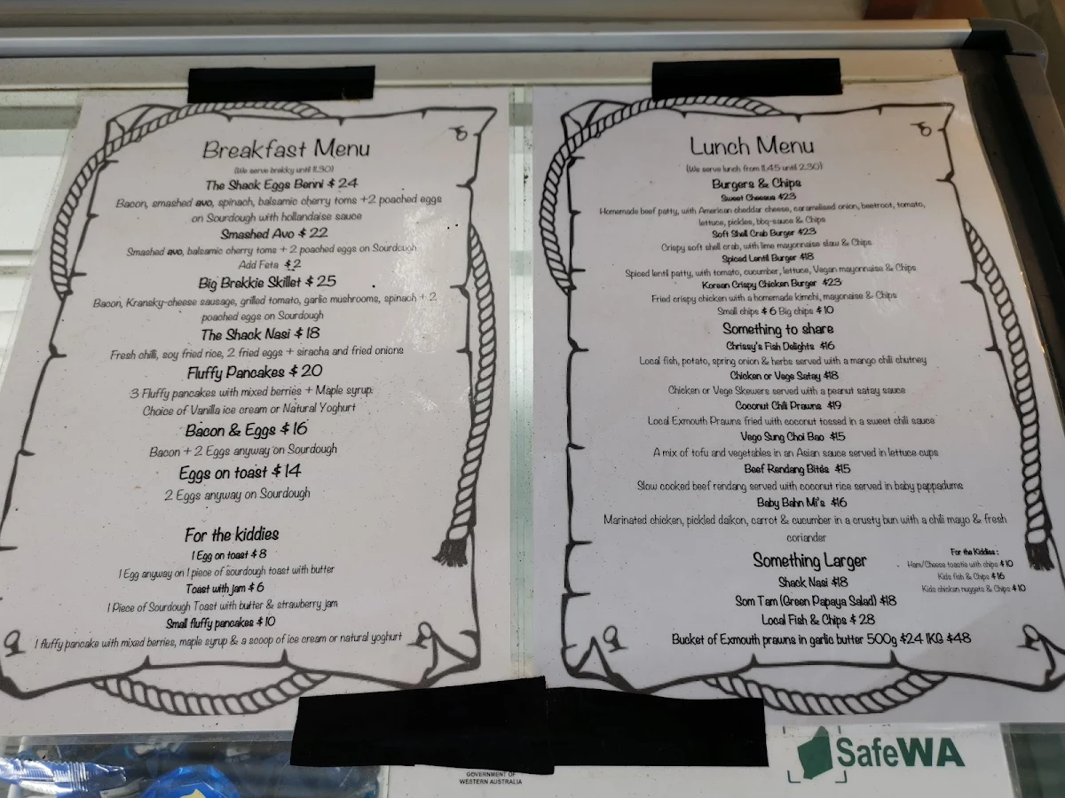 Menu, The Shack Exmouth