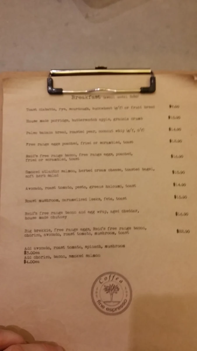 Menu, Coffea Espresso Bar