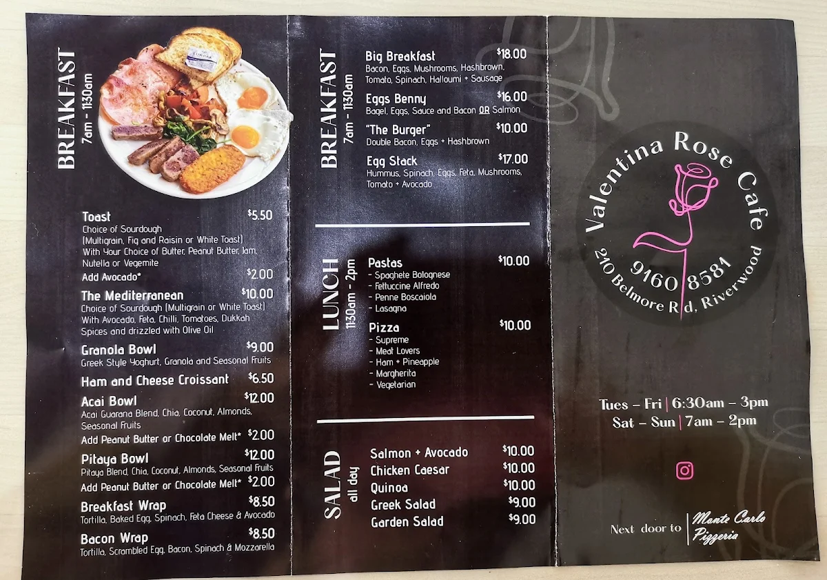 Menu, Valentina Rose Cafe