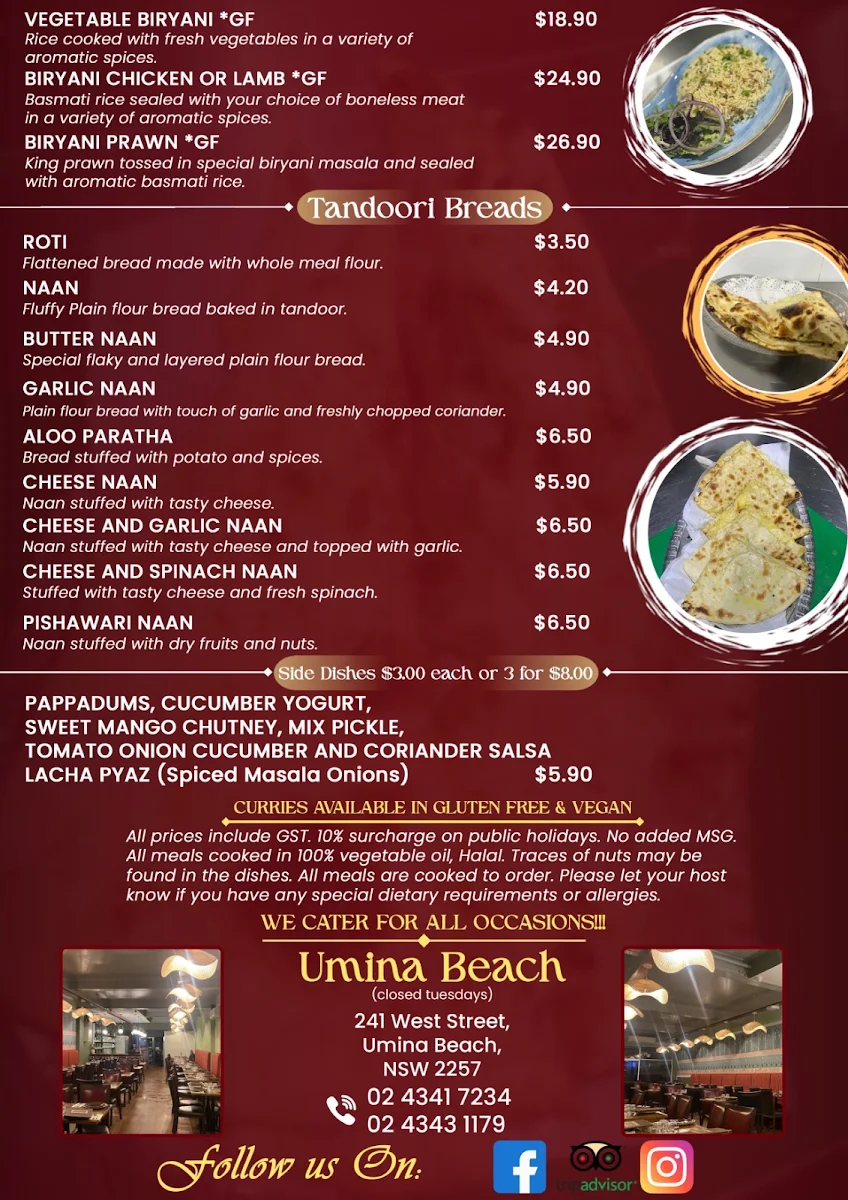 Menu, The Grand Pavilion - Indian Restaurant in Umina Beach - Best Indian Food