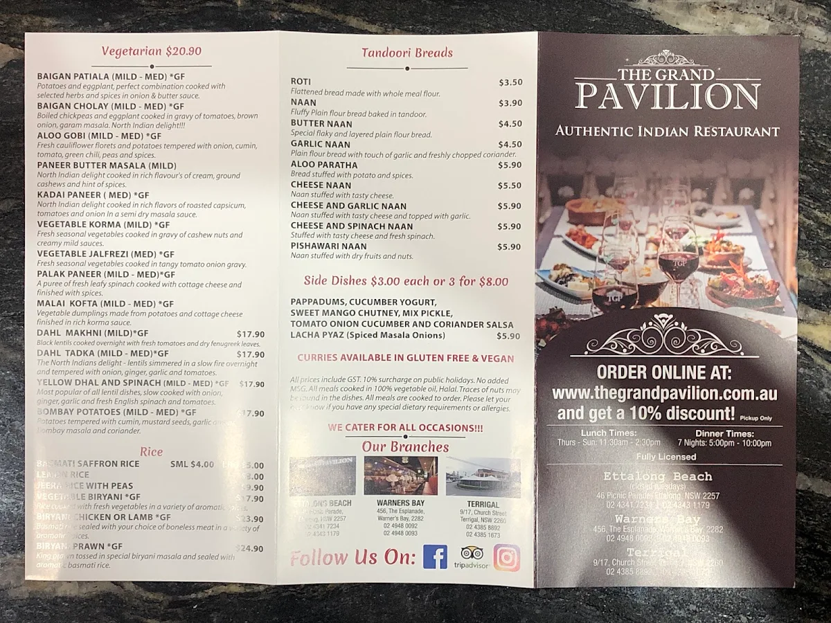 Menu, The Grand Pavilion - Indian Restaurant in Umina Beach - Best Indian Food