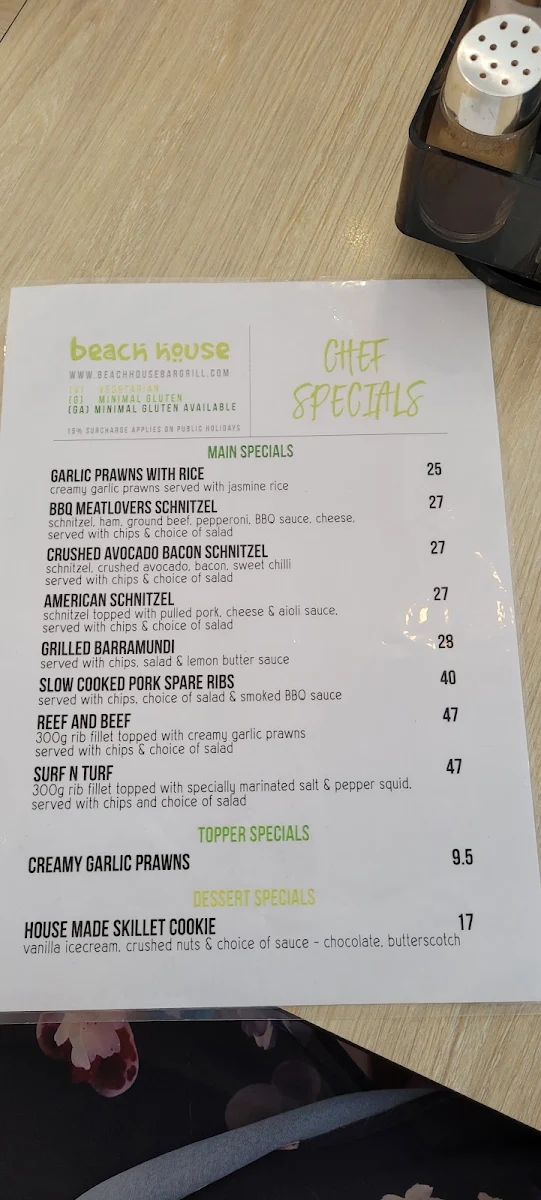 Menu, Beach House Bar & Grill Browns Plains