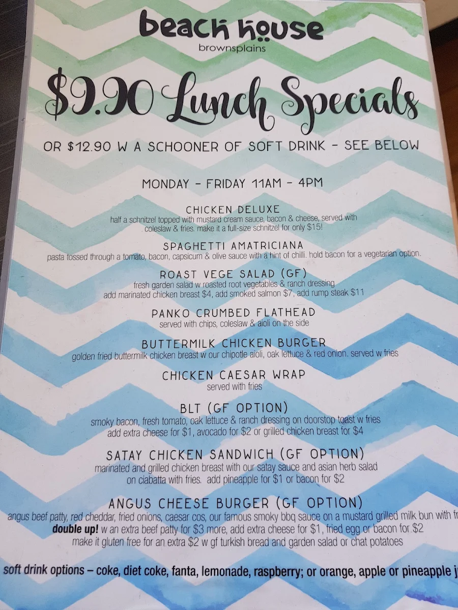Menu, Beach House Bar & Grill Browns Plains