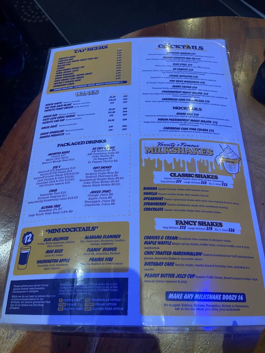 Menu, Varsity Joondalup