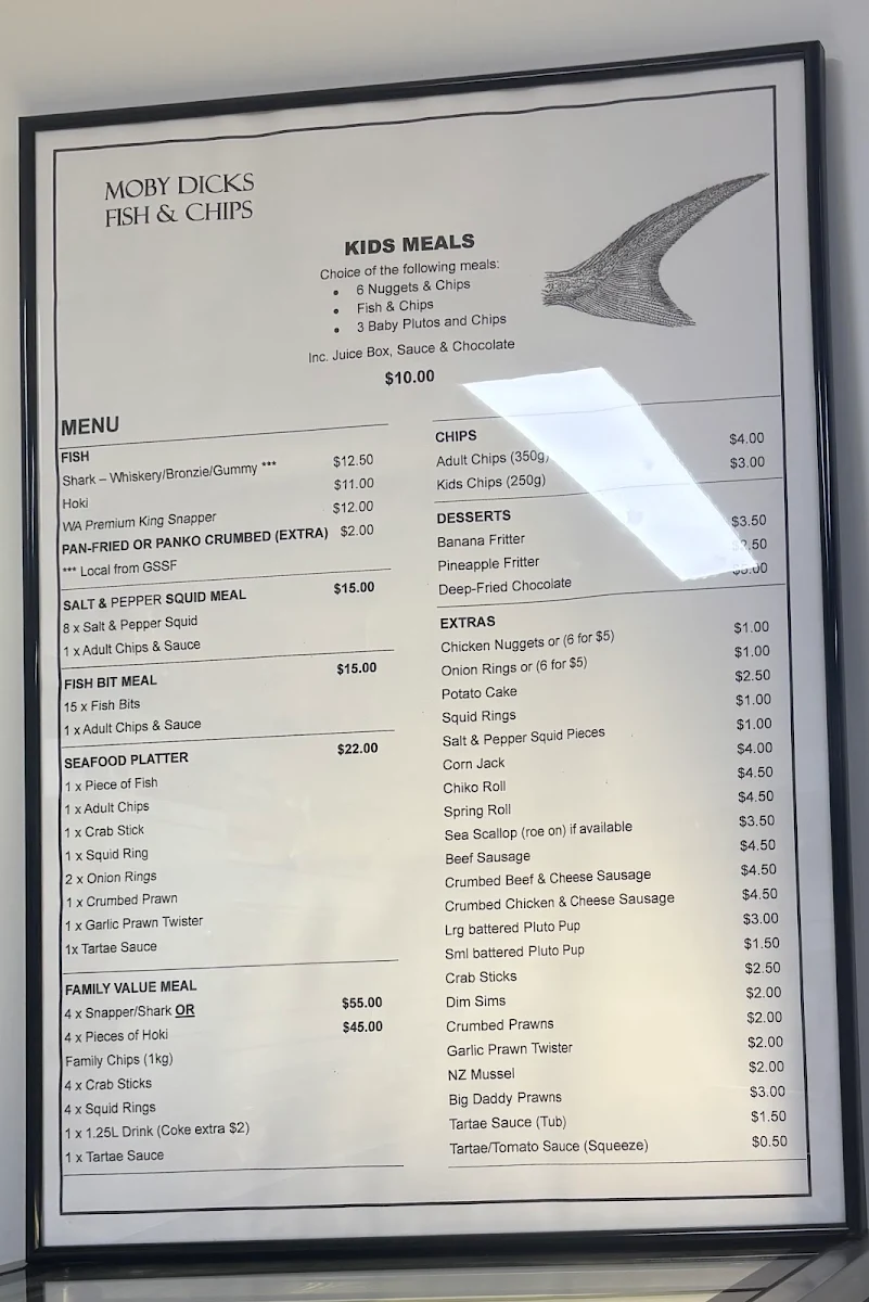 Menu, Moby Dicks Fish and Chips