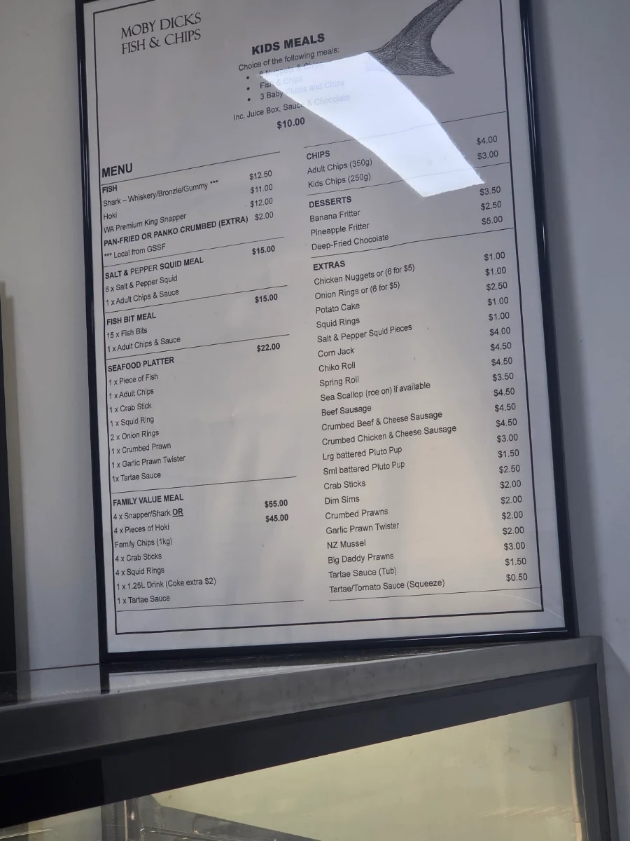 Menu, Moby Dicks Fish and Chips