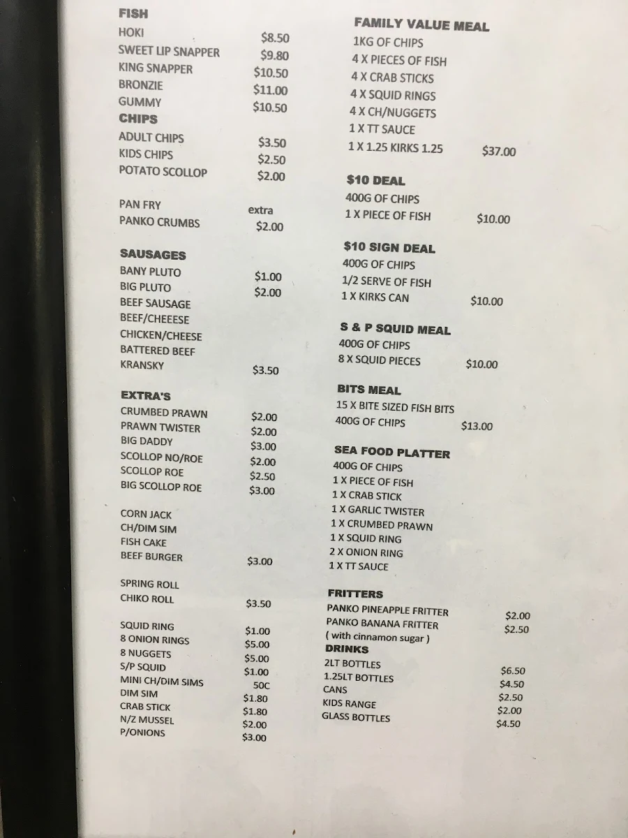 Menu, Moby Dicks Fish and Chips