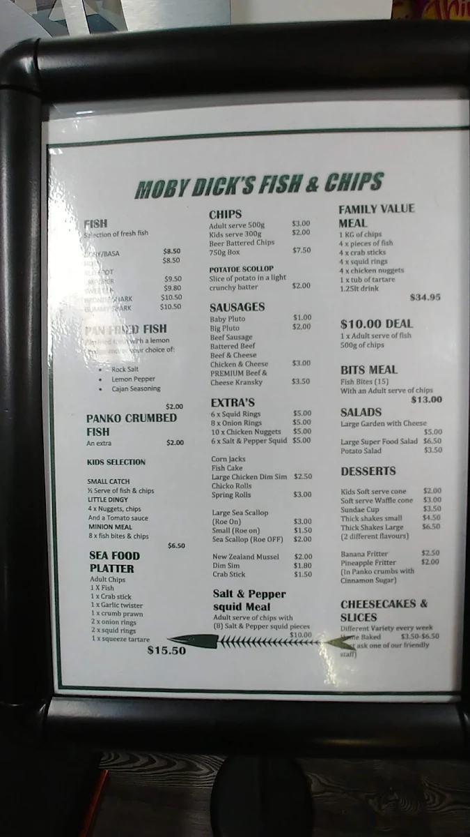 Menu, Moby Dicks Fish and Chips