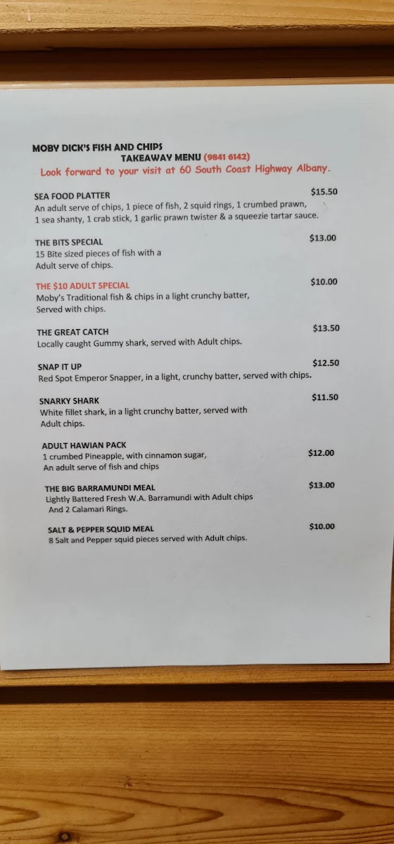 Menu, Moby Dicks Fish and Chips