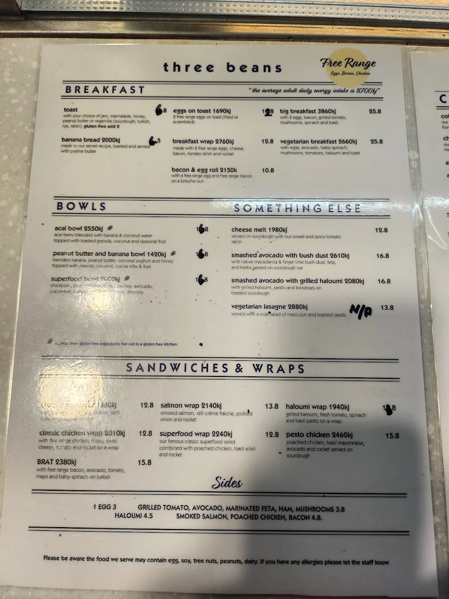 Menu, Three Beans Met Centre